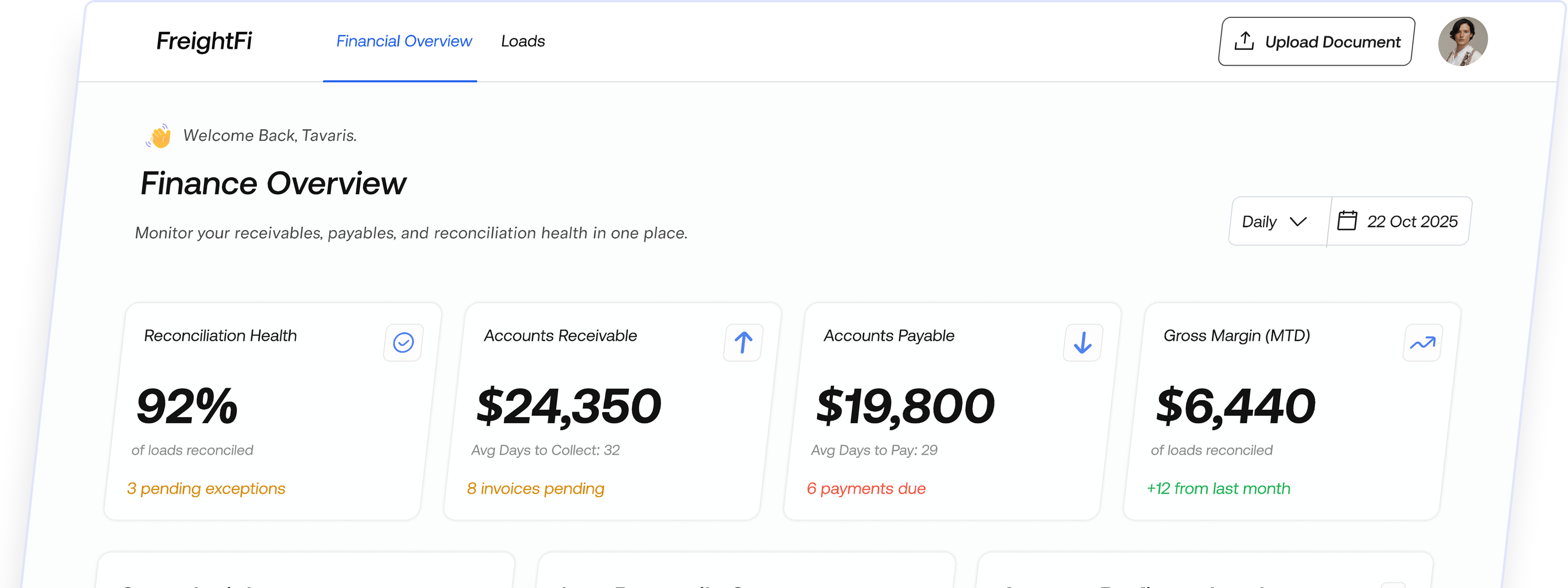 FreightFi dashboard preview showing financial overview